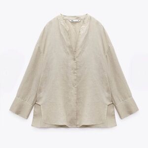 ZARA LUXE LINEN V NECK RELAXED FIT SHIRT ZW COLLECTION Beige Tan S